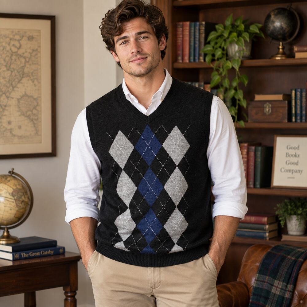 Garret Scott extra fine merino wool sweater vest Large preppy academia